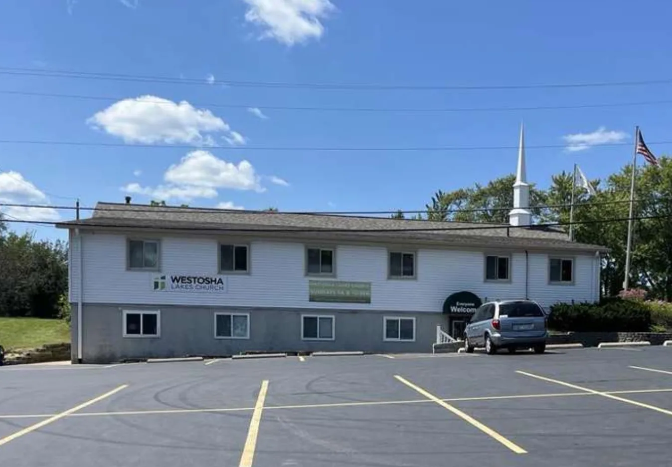 Salem Location at Westosha Lakes Church Westosha Lakes Church in Salem, a white two-story building that hosts Harmony Music School classes